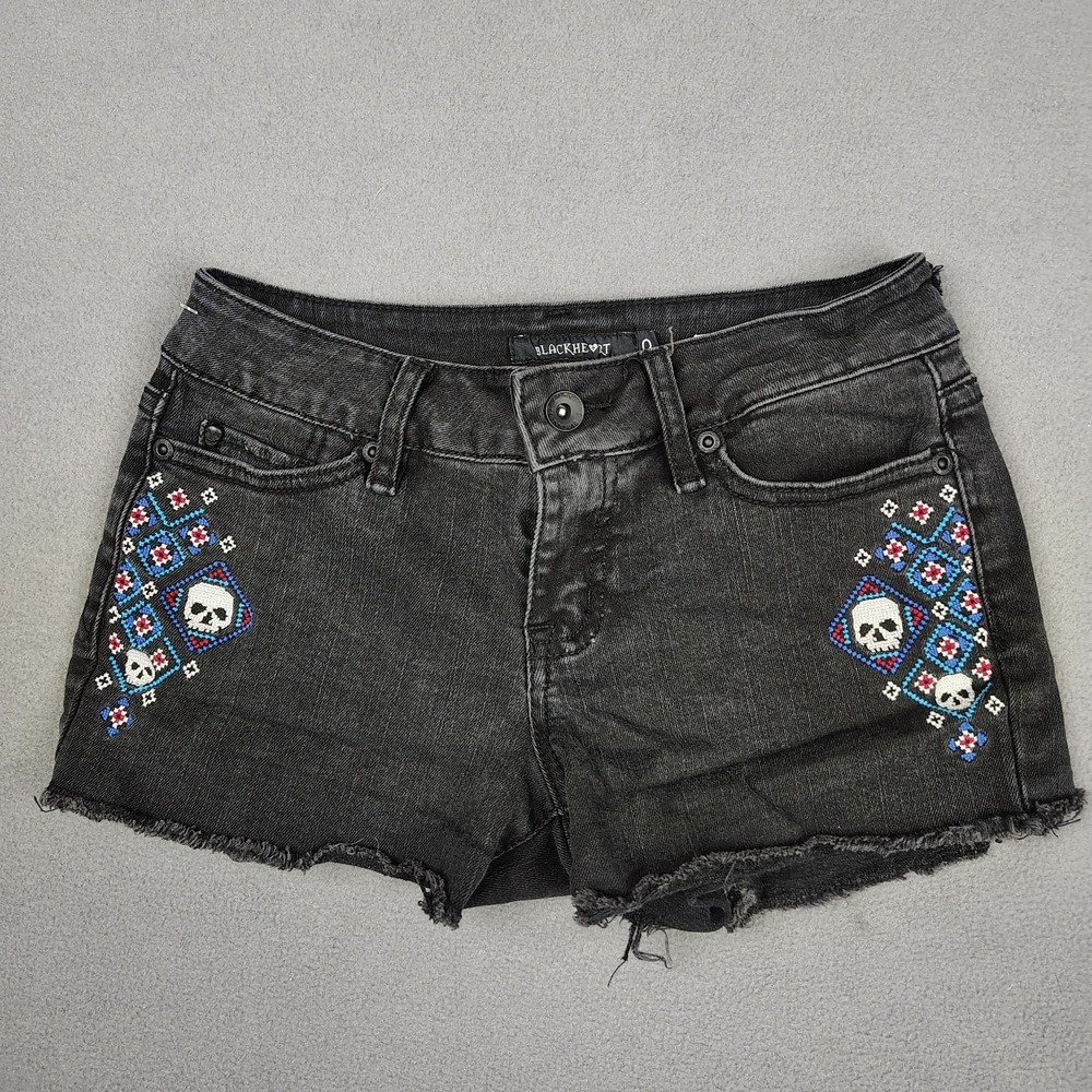 Micro Mini Low Rise Denim Shorts Women‎ 0 Black Punk Rock Cut Offs Skulls Goth